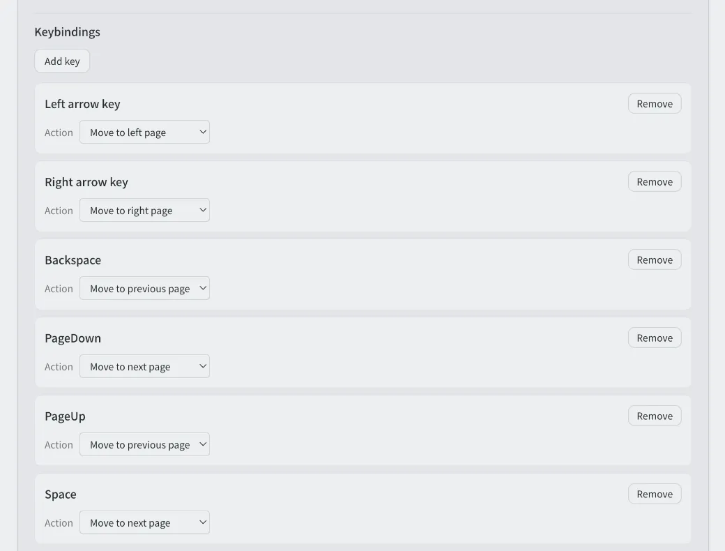 Keybinding settings in BlueReader