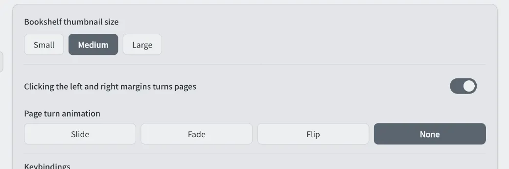 Thumbnail size, margin-click page turning, and page-turn animation settings