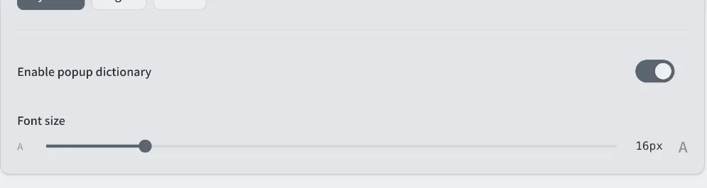 Popup dictionary and dictionary font-size settings