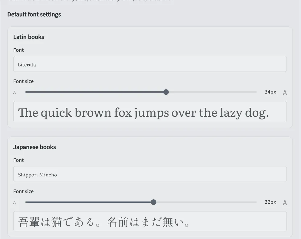 Font and font-size settings for Latin and Japanese books
