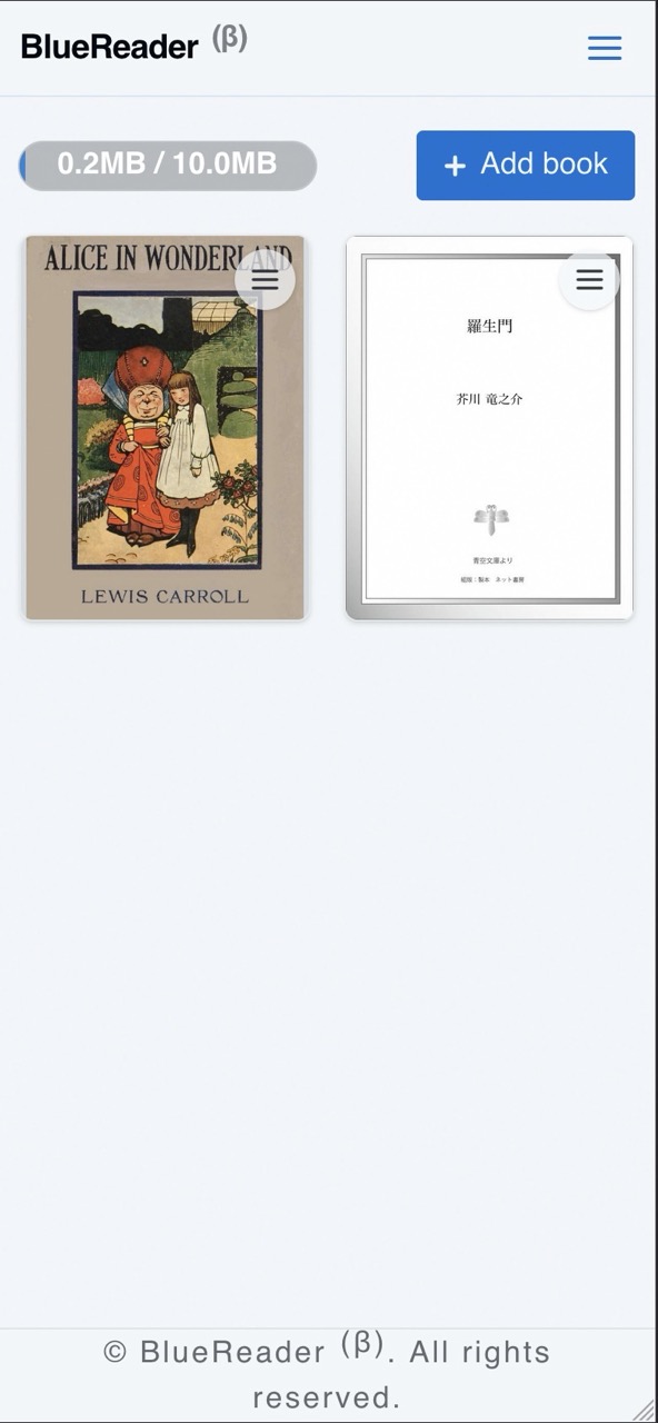 BlueReader bookshelf screen on mobile.