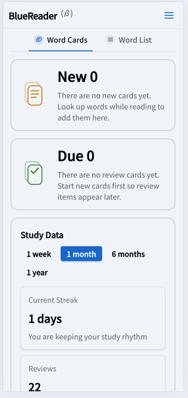 BlueReader vocabulary screen on mobile.