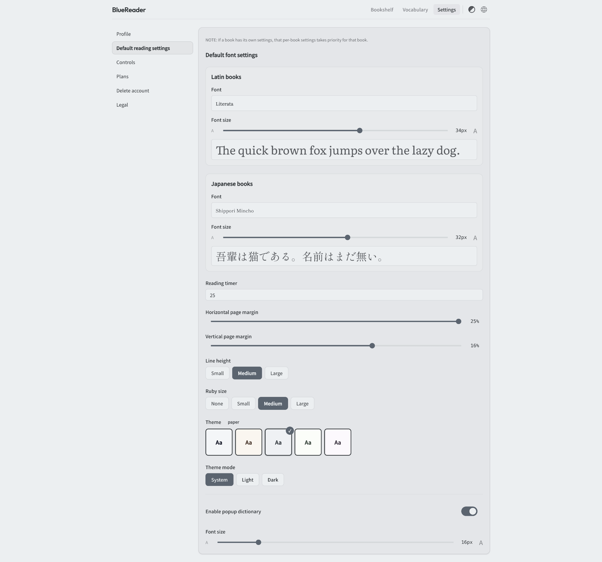 Settings in BlueReader’s top navigation and Default reading settings in the left menu